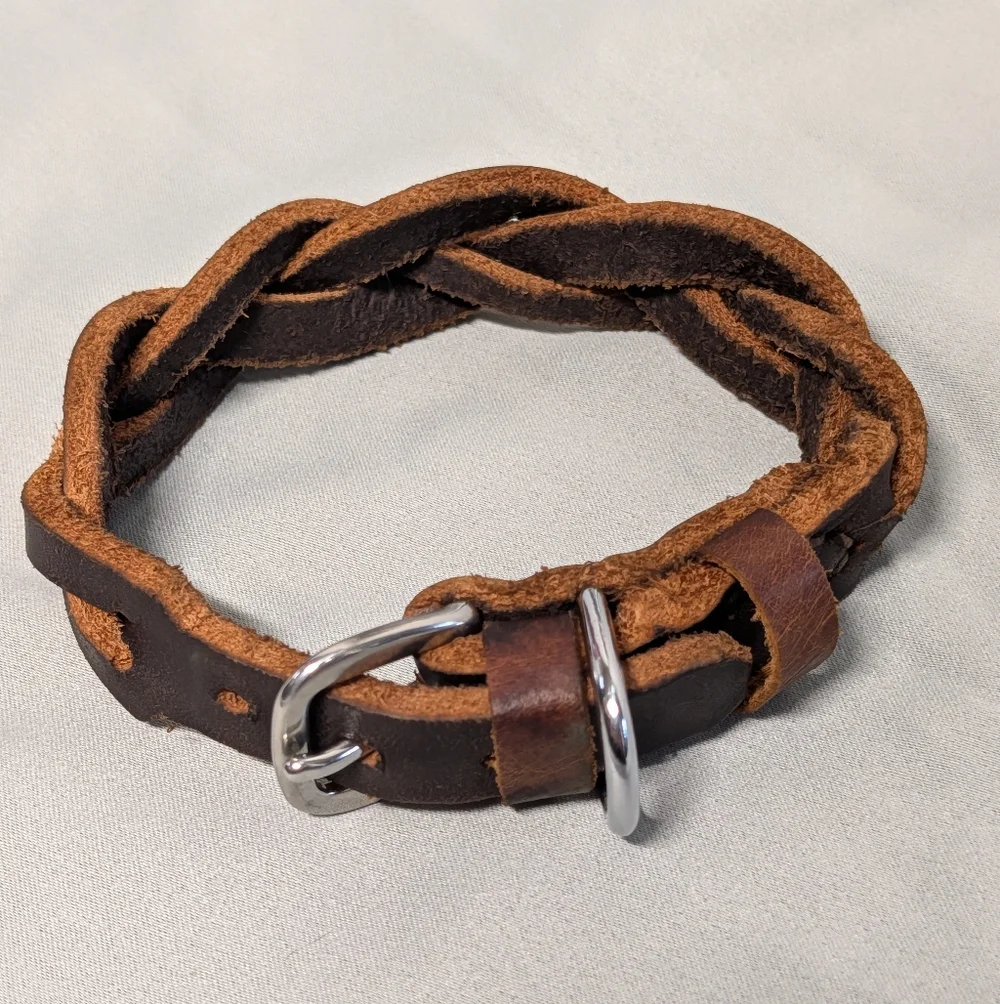 Braided Brown Leather Dog Collar with Silver Buckle (Small Dog)